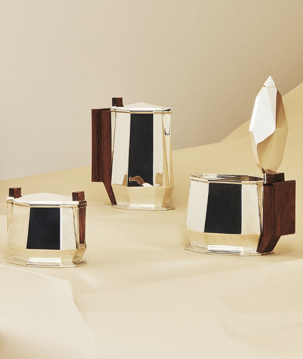 Anglet collection designed by Jean Puiforcat in sterling silver and precious wood