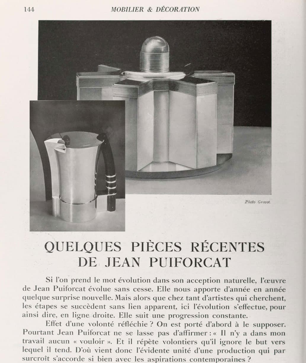 "Quelques pièces récentes de Jean Puiforcat", article tiré d'une parution du magazine Mobilier et Décoration de 1931