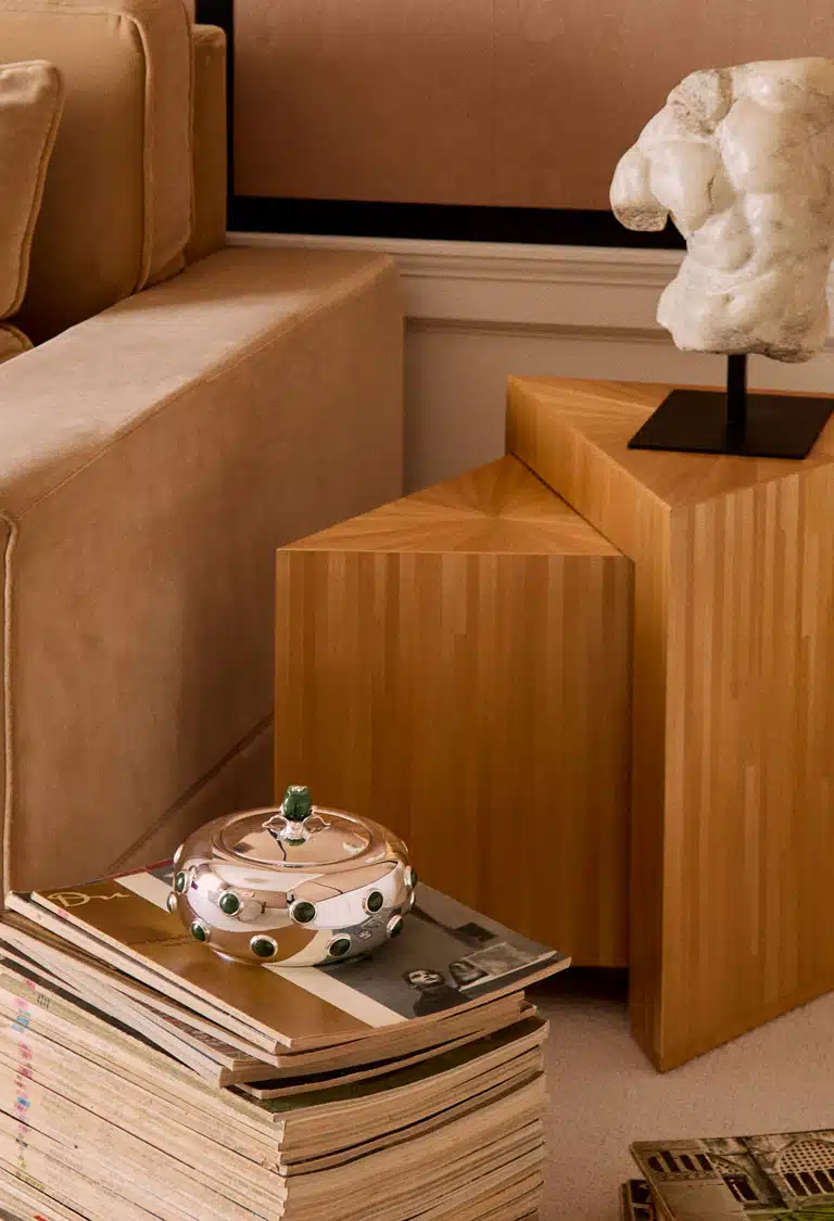 Boîte Floralies sur une pile de journaux au pied d'un canapé 