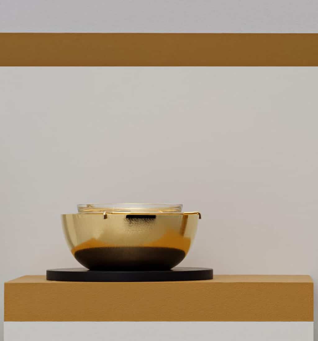 Silver plated and gold gilt finish caviar bowl with a wooden foot from Jacaranda collection from Puiforcat