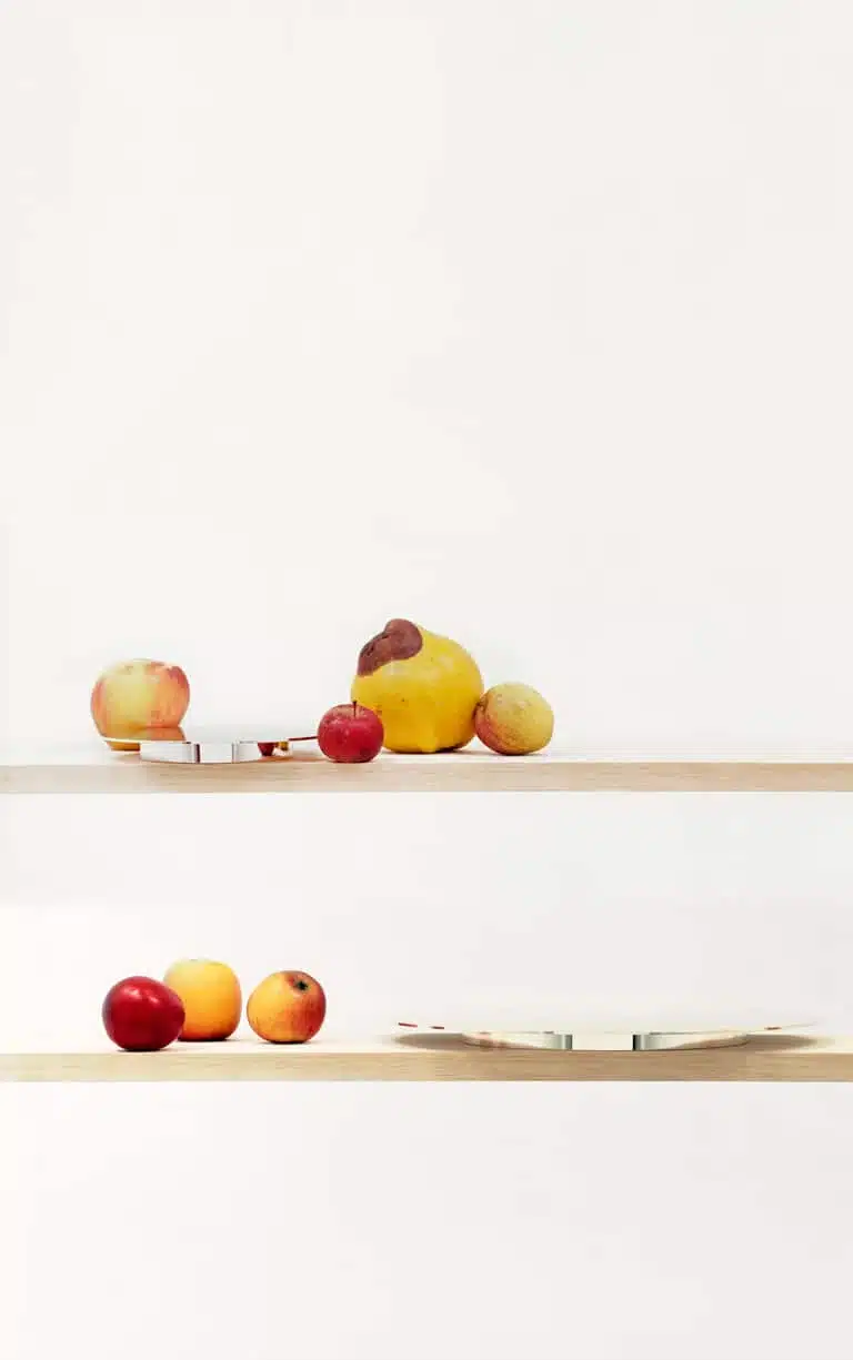 Mise en scène de pièces de la collection Dinner Service par Donald Judd de Puiforcat sur une étagère en bois, avec des légumes de toutes tailles