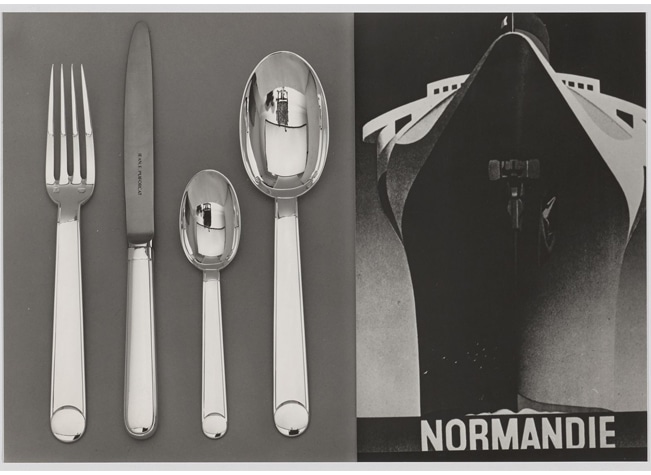 Double image représentant, à droite un dessin en noir et blanc du paquebot Normandie, et à gauche les couverts de la collection Normadie de Puiforcat, couverts officiels du paquebot lors de ses trajets entre Le Havre et New York