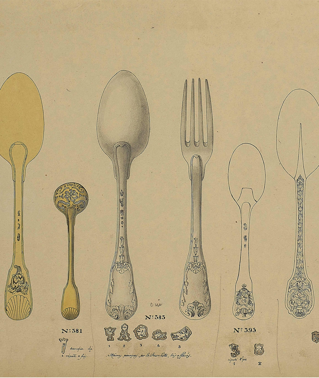 Drawings of pieces of cutlery of different sizes and forms, time period not defined