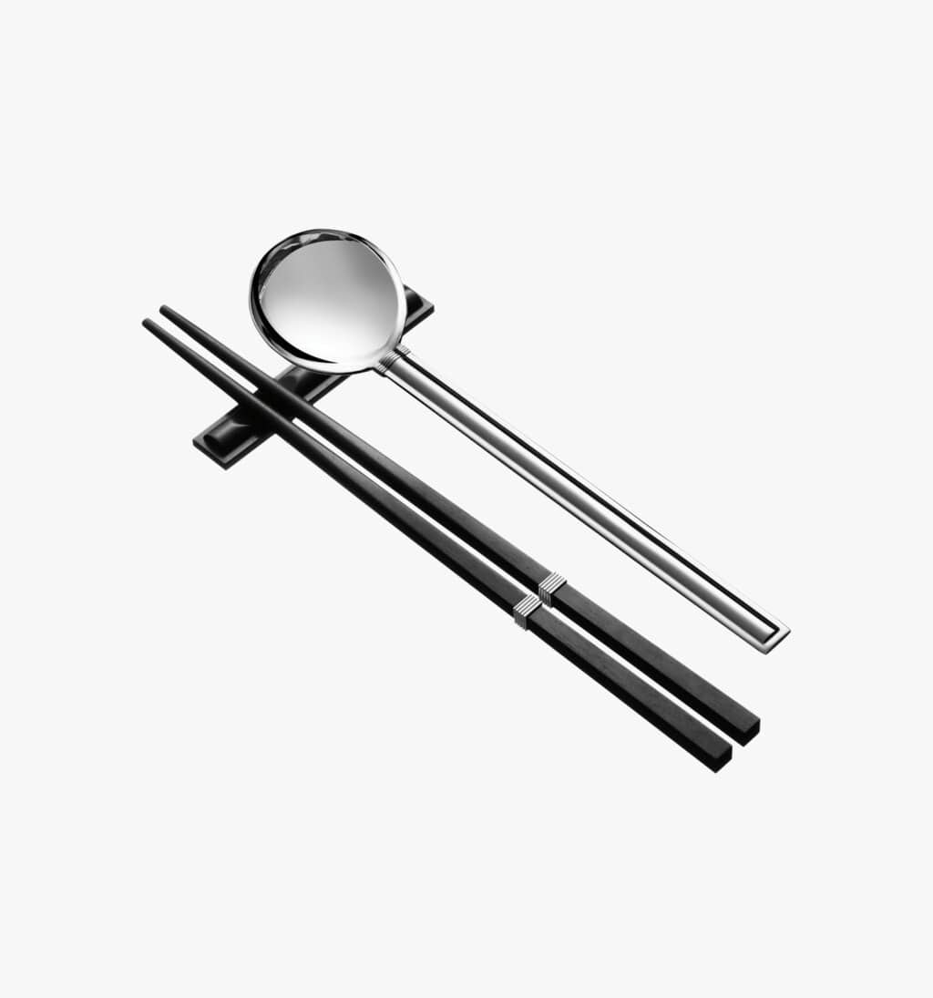 Puiforcat Cannes collection in silver plated - set of four pieces composed of a pair of chopsticks, a table spoon and and spoon holder