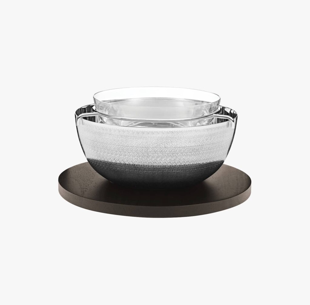 Silver plated caviar bowl on a wooden foot from Jacaranda collection from Puiforcat