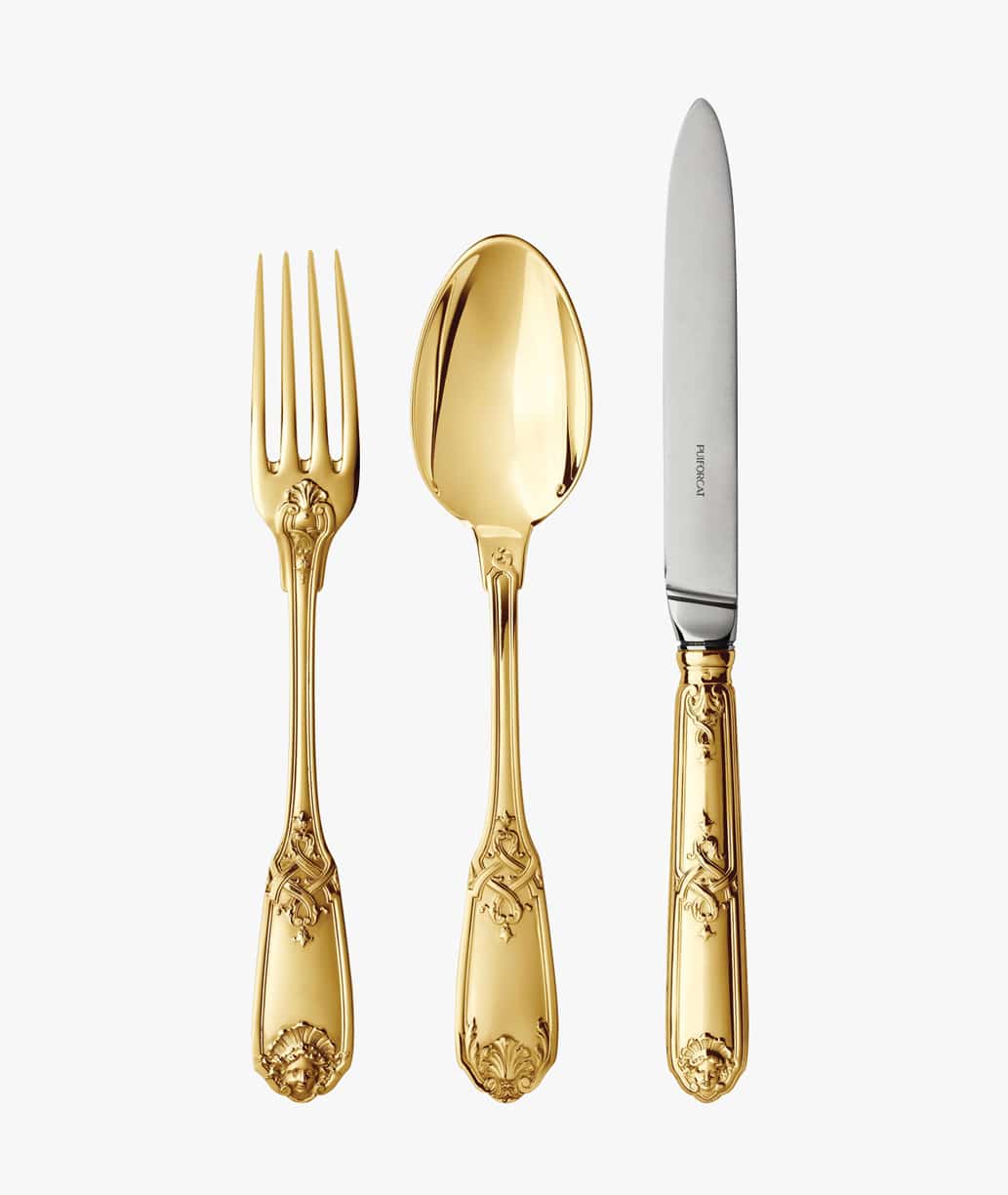 Three pieces of cutlery in sterling silver and a gold gilt finish from Molière Mascaron collection from Puiforcat