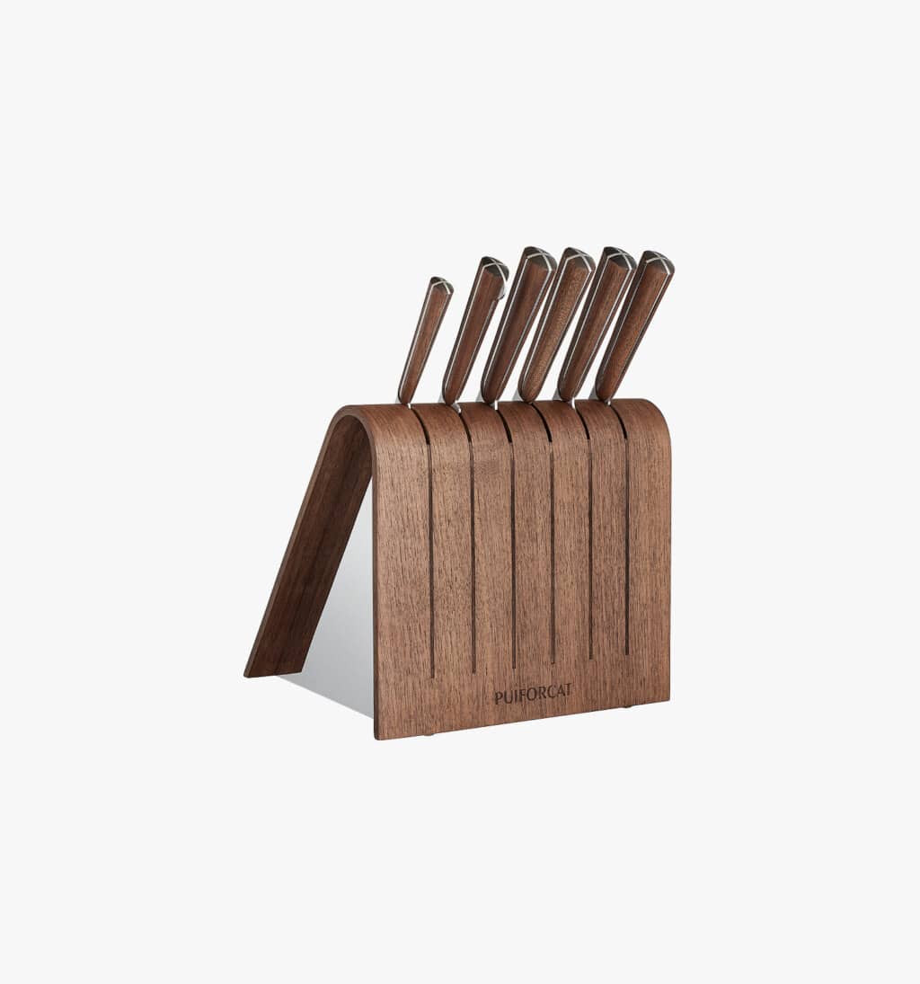 Bloc de six couteaux de la collection Couteaux d'Orfèvre en acier massif et bois de Puiforcat