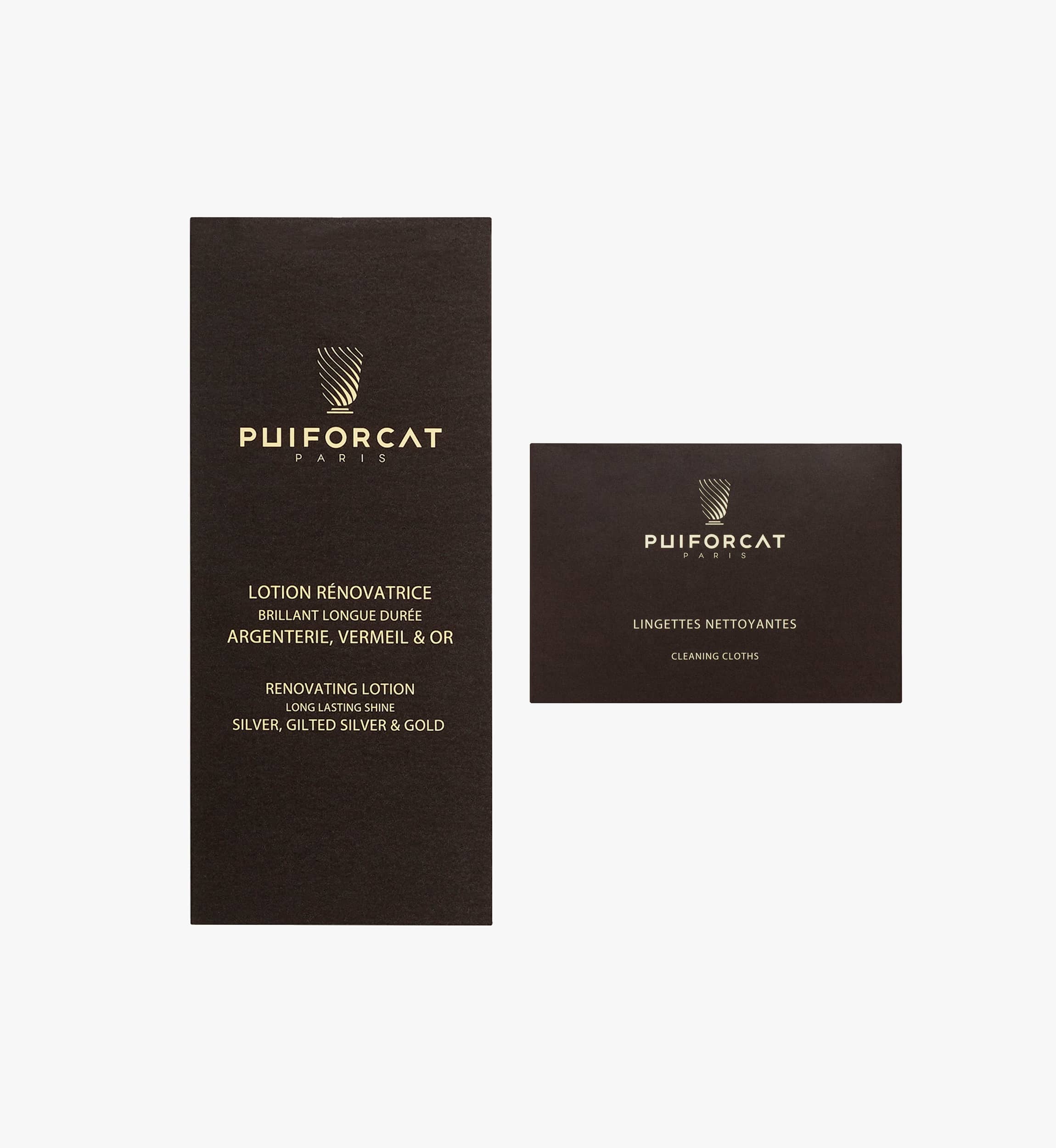 Puiforcat maintenance products on which we can read, on the left product "Renovating lotion, long lasting shine, silver, gilted silver & gold" and on the right product "cleaning cloths"