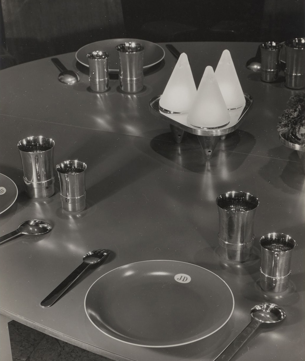 Dressed table photographed in black and white