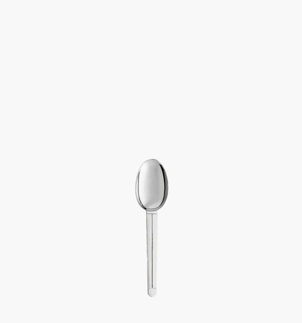 Demitasse spoon in stainless steel from the Guethary collection by Puiforcat on a light background.