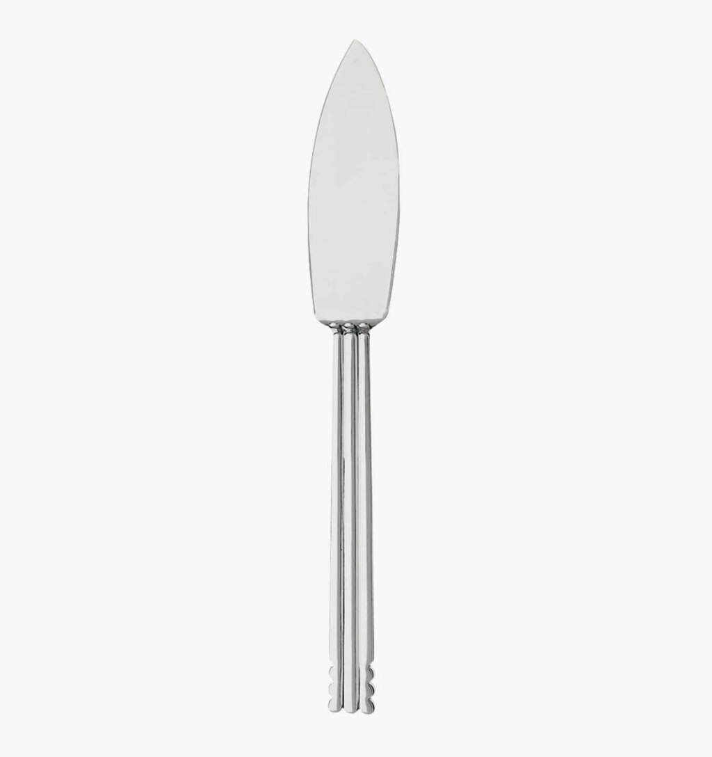 Silver-plated fish knife from the Nantes collection by Puiforcat on a light background.