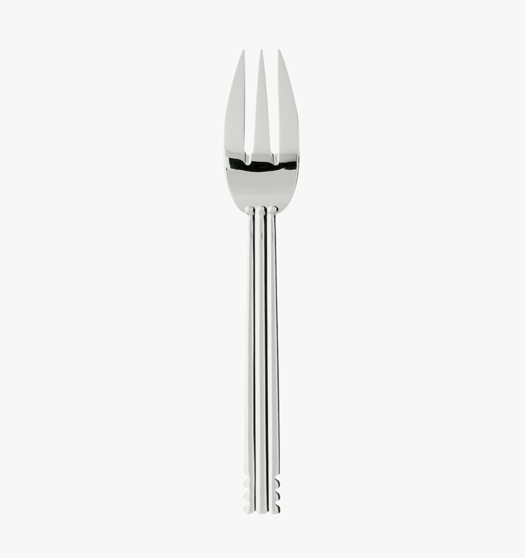 Silver-plated fish fork from the Nantes collection by Puiforcat on a light background.