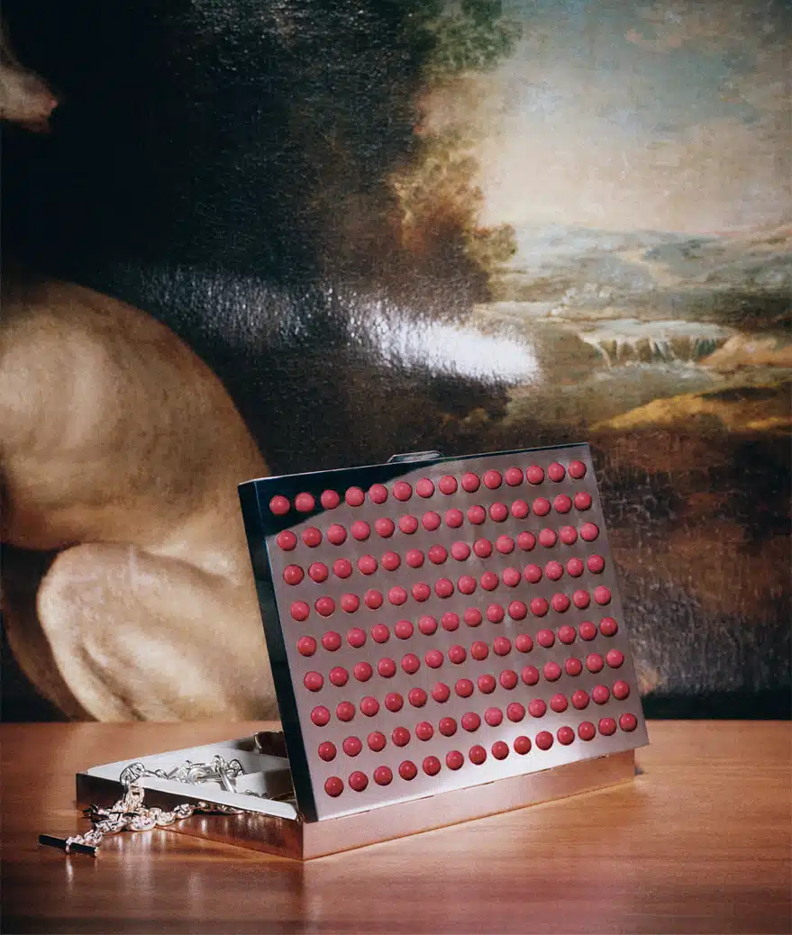 Boîte Visionnaire avec cabochons en thulite sur une table, posée devant un grand tableau ou l'on devine un chien peint
