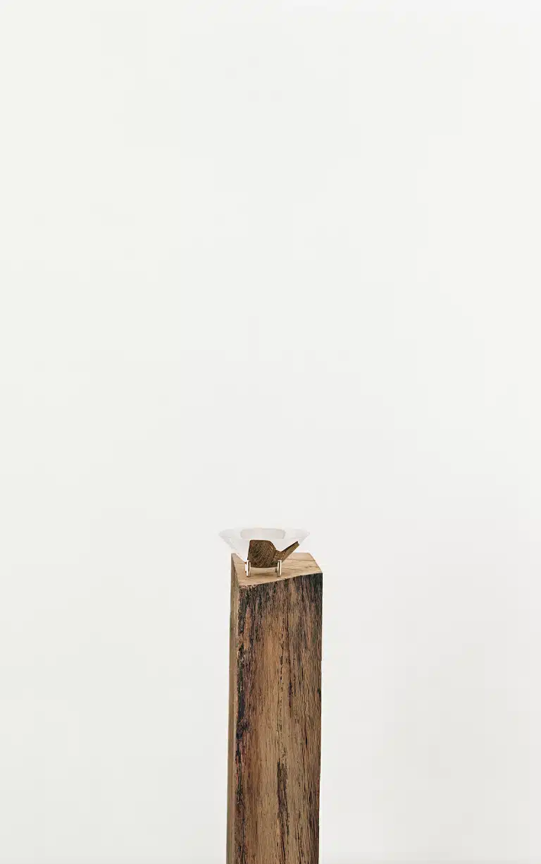 Verre 02 de la collection Kanmi, réalisée en collaboration avec Tomás Alonso, posé sur une poutre en bois