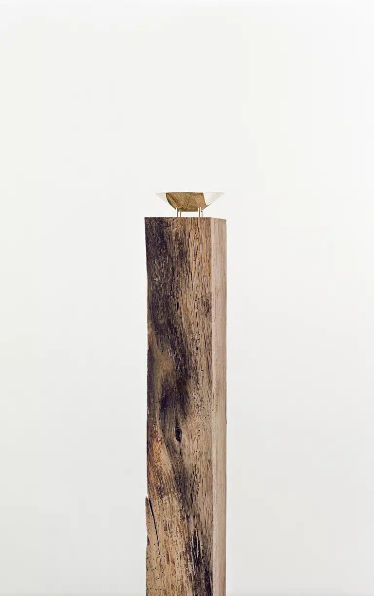 Verre 01 de la collection Kanmi, réalisée en collaboration avec Tomás Alonso, posé sur une poutre en bois